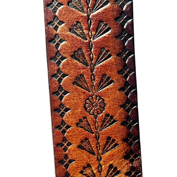 Brighton Leather Belt Floral Embossed Patterns & Silver Tone Buckle 33"-37" - Picture 8 of 16